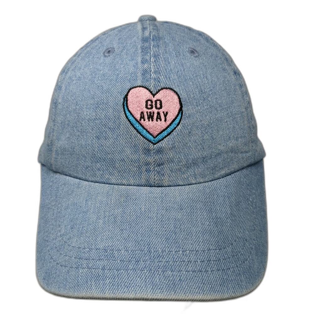 HG Baseball Cap Blue One Size Go Away Heart Embroidered Denim Slideback Hat